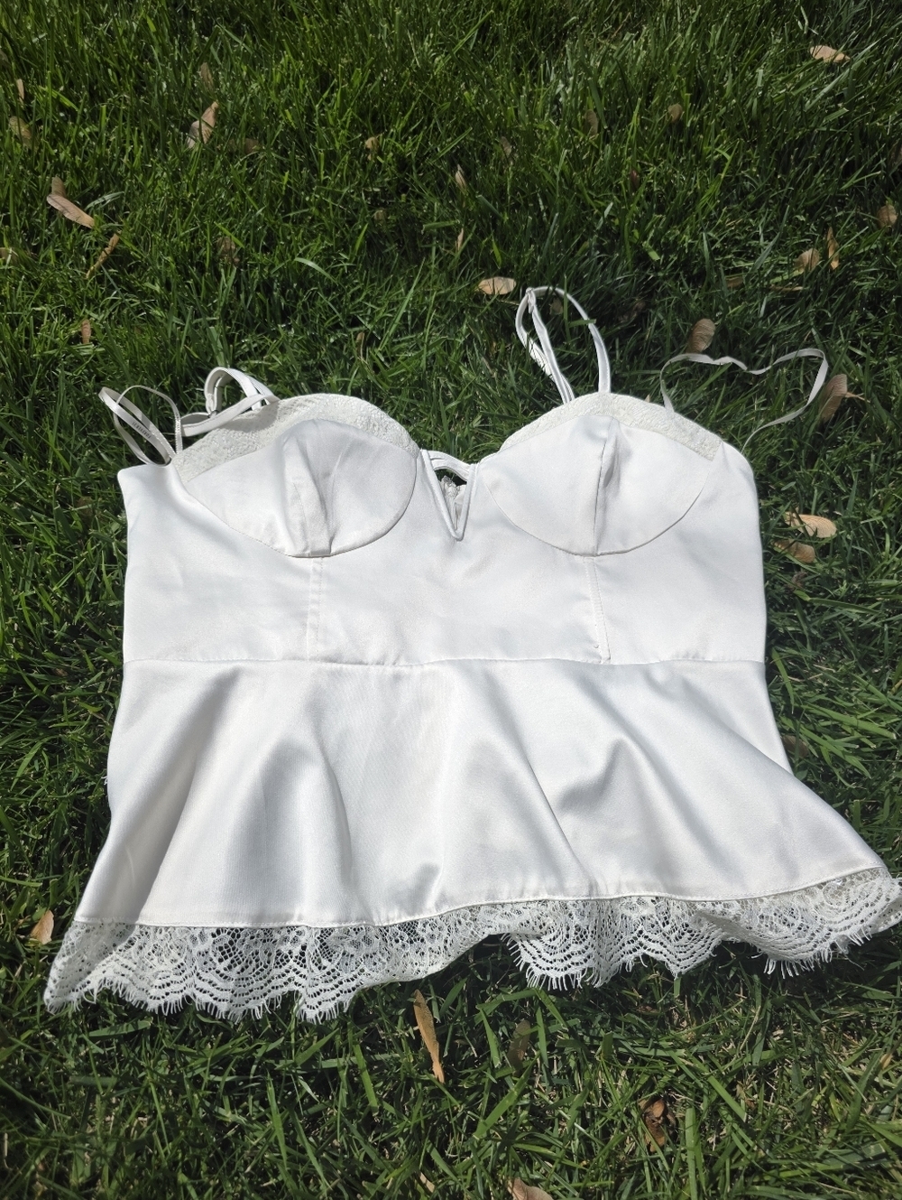 Forever 21 Ivory Satin Lace-Trim Bustier Crop Top